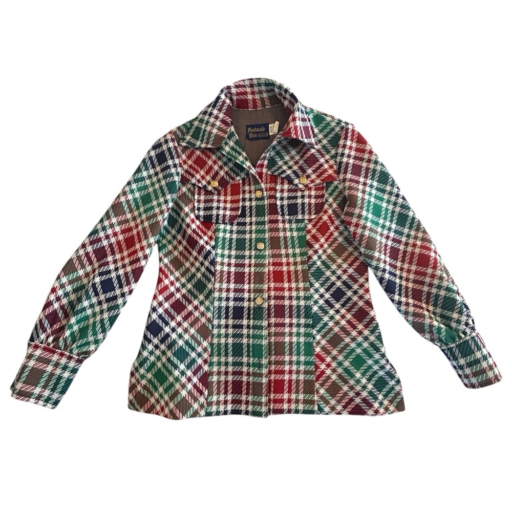 PANHANDLE SLIM VTG 70s Western Double Knit Plaid Shirt Jacket Shaket Sz M/L USA